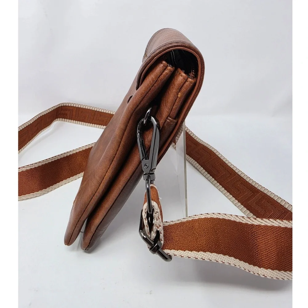 Vimutti Brown Floral Embossed Crossbody Phone Bag Vegan Leather Guitar Strap